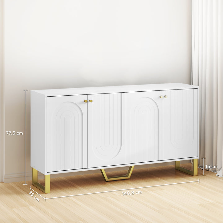 Aparador de 4 Portas Aparador Moderno para Sala de Estar com Prateleiras Ajustáveis e Pés Dourados para Sala de Jantar Entrada Móvel para TV até 65 Polegadas 140,8x35x77,5 cm Branco