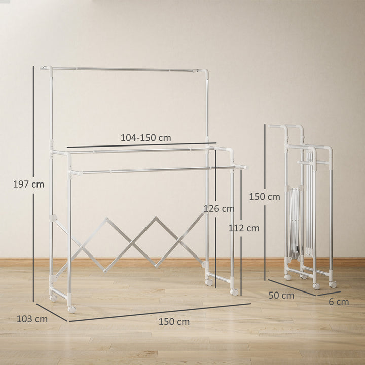 Estendal Vertical Dobrável de 3 Níveis Estendal de Aço Inoxidável com 3 Barras Ajustáveis e Extensíveis 4 Rodas para Interior 104-150x103x145-197 cm Prateado