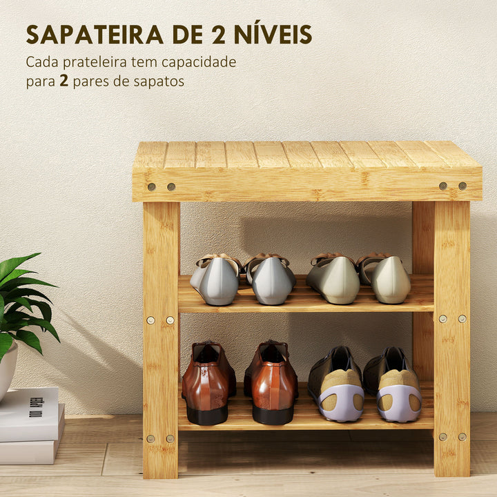 Banco Sapateira de Bambu Sapateira com Assento Organizador de Sapatos com 2 Prateleiras para 4 Pares de Sapatos para Entrada Sala de Estar Dormitório 50x28x45 cm Madeira
