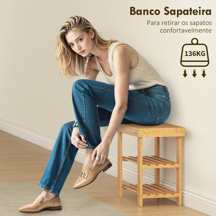 Banco Sapateira de Bambu Sapateira com Assento Organizador de Sapatos com 2 Prateleiras para 4 Pares de Sapatos para Entrada Sala de Estar Dormitório 50x28x45 cm Madeira