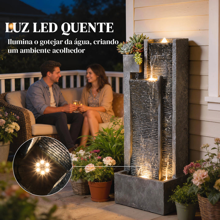 Fonte de Água Decorativa com Iluminação LED e Vaso Fonte de Jardim Exterior em Cascata de 3 Níveis com Bomba Resistente à Intempérie para Jardim Pátio 38x19x101?cm Cinzento Escuro