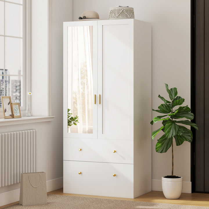 Roupeiro com 2 Portas e 2 Gavetas Armário Roupeiro com Espelho Barra para Pendurar Estilo Moderno 80x50x180 cm Branco
