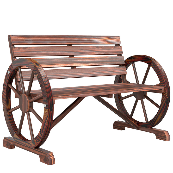 Banco de madeira ao ar livre com apoio de braços em forma de roda Vista envelhecida para varanda Terraço 105,5x56x75 cm Marrom rústico