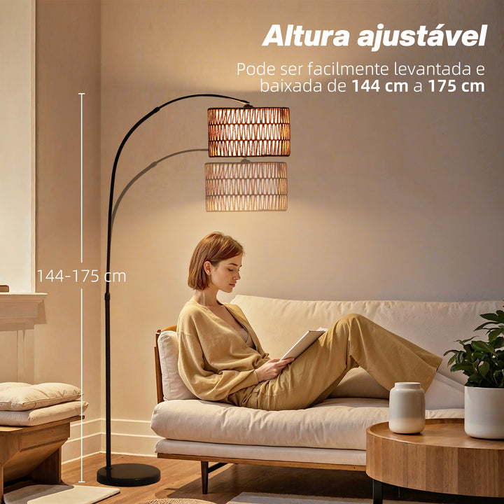 Candeeiro de Pé Candeeiro de Pé para Sala de Estar com Altura Ajustável Ecrã de Juta Interruptor de Pé e Base de Mármore para Sala de Estar Escritório Quarto 93x34x144-175 cm Preto e Marrom