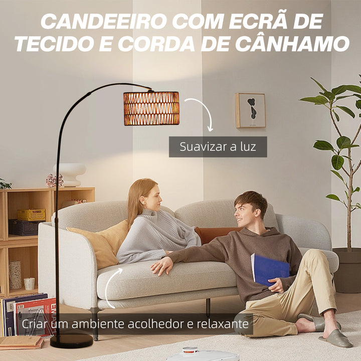 Candeeiro de Pé Candeeiro de Pé para Sala de Estar com Altura Ajustável Ecrã de Juta Interruptor de Pé e Base de Mármore para Sala de Estar Escritório Quarto 93x34x144-175 cm Preto e Marrom