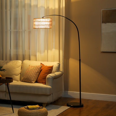 Candeeiro de Pé Candeeiro de Pé para Sala de Estar com Altura Ajustável Ecrã de Juta Interruptor de Pé e Base de Mármore para Sala de Estar Escritório Quarto 93x34x144-175 cm Preto e Marrom