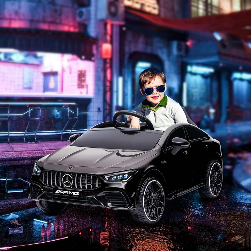 Carro Elétrico para Crianças acima de 3 Anos Carro Mercedes AMG CLA 45 Carro Elétrico Infantil com Bateria 12V Controlo Remoto Faróis LED Buzina Música e Rodas Auxiliares 110x61x45 cm Preto