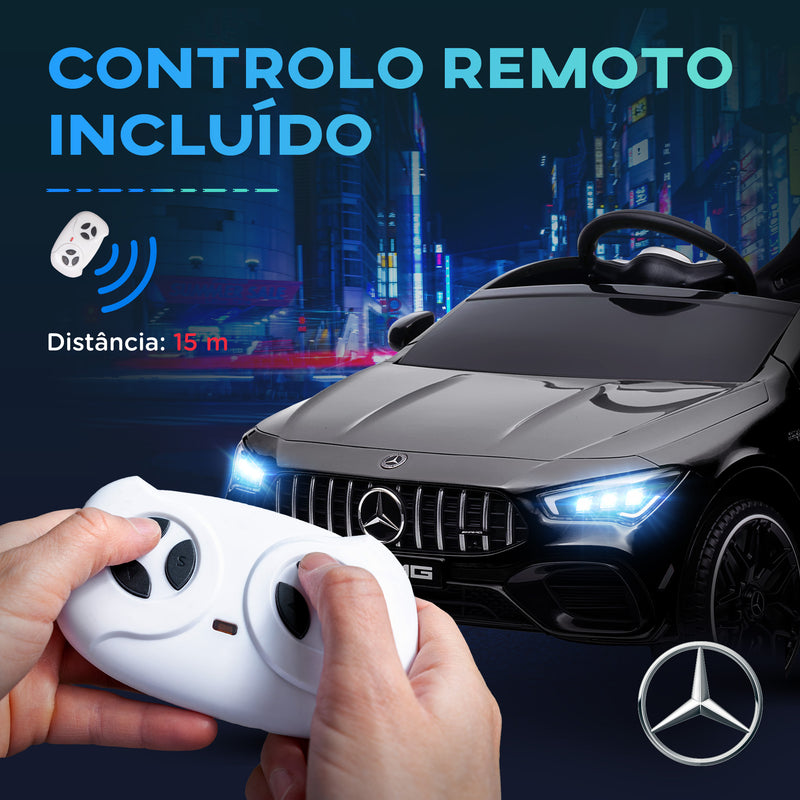 Carro Elétrico para Crianças acima de 3 Anos Carro Mercedes AMG CLA 45 Carro Elétrico Infantil com Bateria 12V Controlo Remoto Faróis LED Buzina Música e Rodas Auxiliares 110x61x45 cm Preto