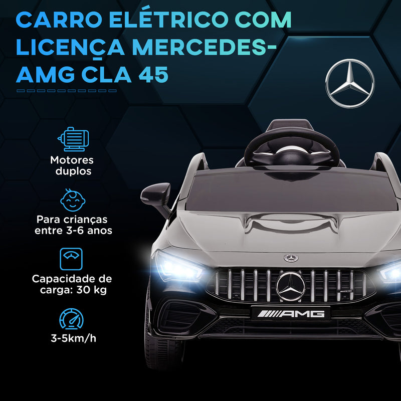 Carro Elétrico para Crianças acima de 3 Anos Carro Mercedes AMG CLA 45 Carro Elétrico Infantil com Bateria 12V Controlo Remoto Faróis LED Buzina Música e Rodas Auxiliares 110x61x45 cm Preto