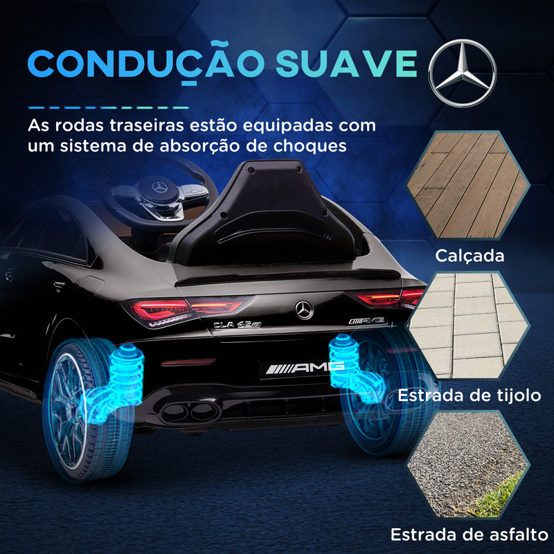 Carro Elétrico para Crianças acima de 3 Anos Carro Mercedes AMG CLA 45 Carro Elétrico Infantil com Bateria 12V Controlo Remoto Faróis LED Buzina Música e Rodas Auxiliares 110x61x45 cm Preto