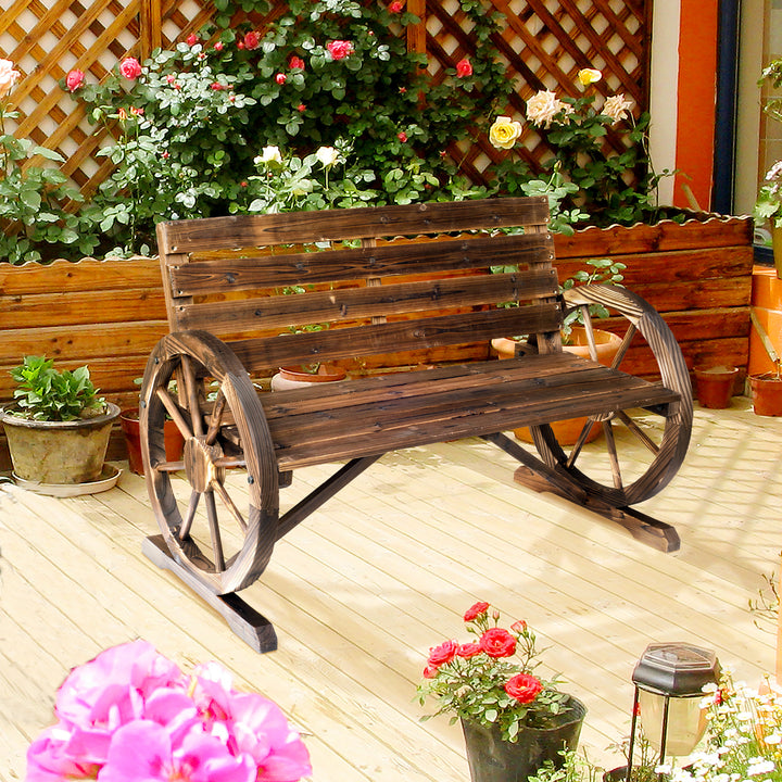 Banco de madeira ao ar livre com apoio de braços em forma de roda Vista envelhecida para varanda Terraço 105,5x56x75 cm Marrom rústico