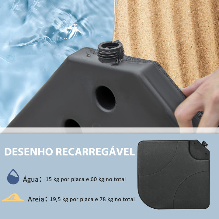 Conjunto de Pesos para Base de Chapéu de Sol de 4 Peças Base para Chapéu de Sol Quadrada Preenchível com 15 Litros de Água ou 19,5 kg de Areia para Base Cruzada Preto