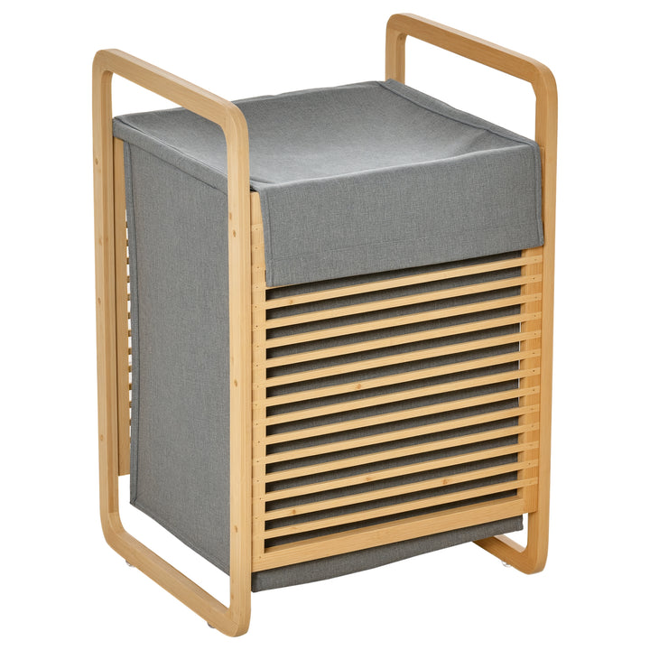 Cesto para Roupa Suja de Bambú Portátil com Tampa e Bolsa Removível Móvel de Casa de Banho 40x35,5x60,5cm Cor Natural e Cinza