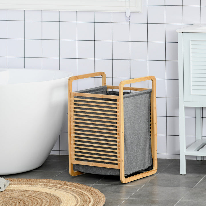 Cesto para Roupa Suja de Bambú Portátil com Tampa e Bolsa Removível Móvel de Casa de Banho 40x35,5x60,5cm Cor Natural e Cinza
