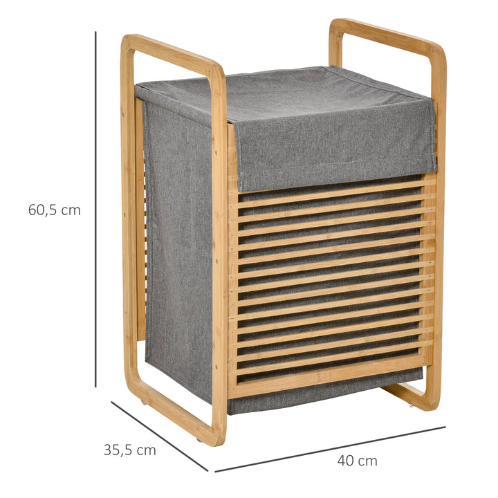 Cesto para Roupa Suja de Bambú Portátil com Tampa e Bolsa Removível Móvel de Casa de Banho 40x35,5x60,5cm Cor Natural e Cinza