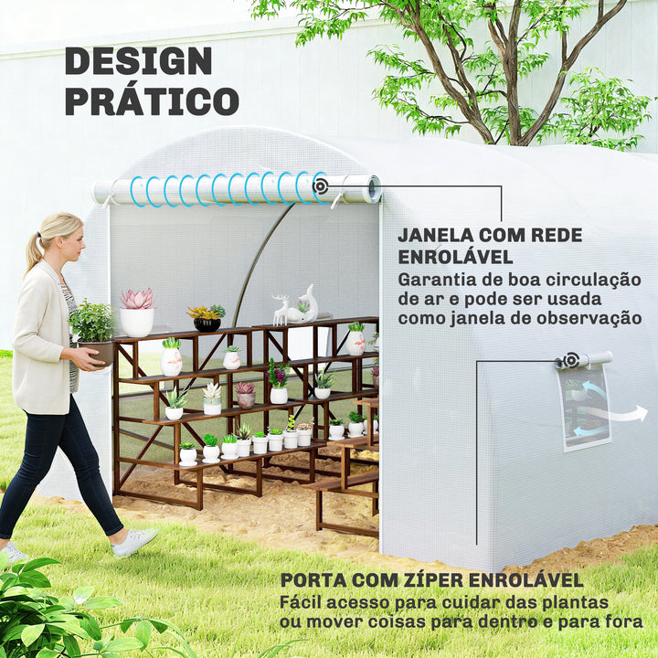 Estufa de jardim Tipo de túnel com 8 janelas e tampa de polietileno 600x300x200 cm Branco