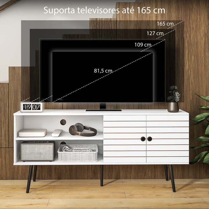 Móvel de TV para Televisores de até 65 Polegadas Móvel de TV para Sala com 2 Prateleiras Abertas 1 Armário com Portas e Orifícios para Cabos 145x38x65 cm Estilo Moderno Branco