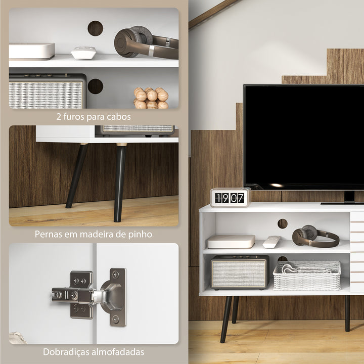 Móvel de TV para Televisores de até 65 Polegadas Móvel de TV para Sala com 2 Prateleiras Abertas 1 Armário com Portas e Orifícios para Cabos 145x38x65 cm Estilo Moderno Branco