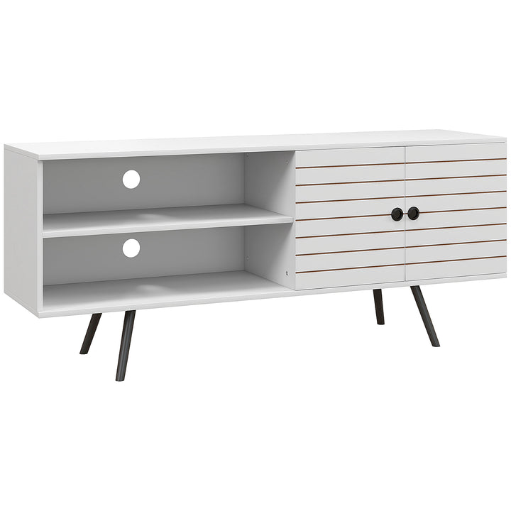 Móvel de TV para Televisores de até 65 Polegadas Móvel de TV para Sala com 2 Prateleiras Abertas 1 Armário com Portas e Orifícios para Cabos 145x38x65 cm Estilo Moderno Branco