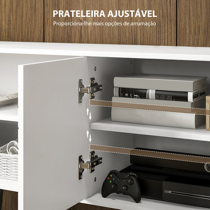 Móvel de TV para Televisores de até 65 Polegadas Móvel de TV para Sala com 2 Prateleiras Abertas 1 Armário com Portas e Orifícios para Cabos 145x38x65 cm Estilo Moderno Branco