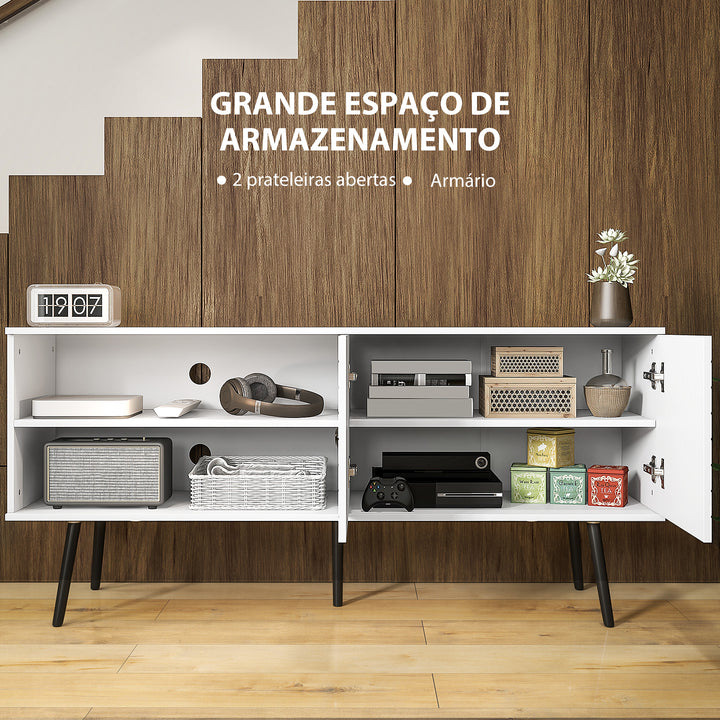 Móvel de TV para Televisores de até 65 Polegadas Móvel de TV para Sala com 2 Prateleiras Abertas 1 Armário com Portas e Orifícios para Cabos 145x38x65 cm Estilo Moderno Branco