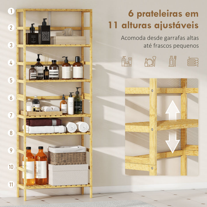 Estante de Bambu de 6 Níveis Estante de Armazenamento Prateleiras Ajustáveis Estante Estreita para Espaços Pequenos Casa de Banho Sala de Estar e Cozinha 60x26x161 cm Madeira