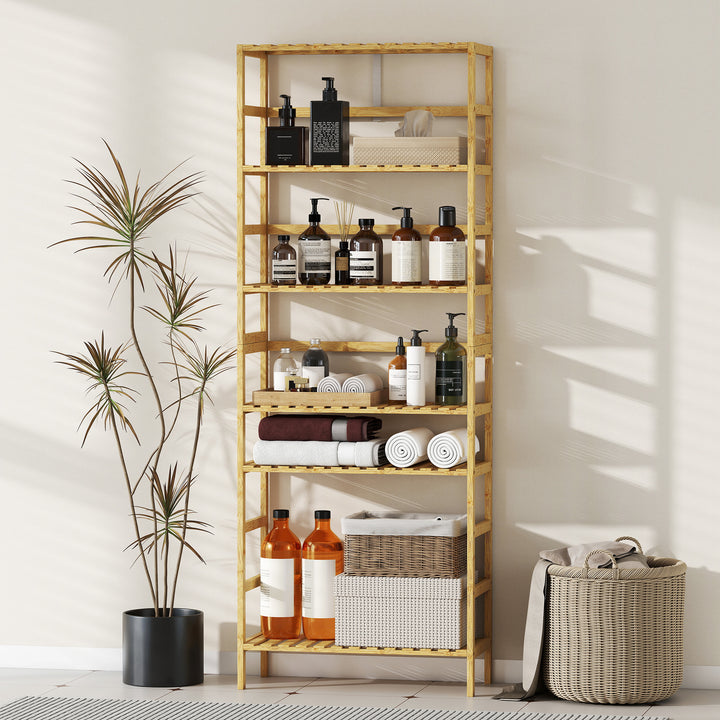 Estante de Bambu de 6 Níveis Estante de Armazenamento Prateleiras Ajustáveis Estante Estreita para Espaços Pequenos Casa de Banho Sala de Estar e Cozinha 60x26x161 cm Madeira