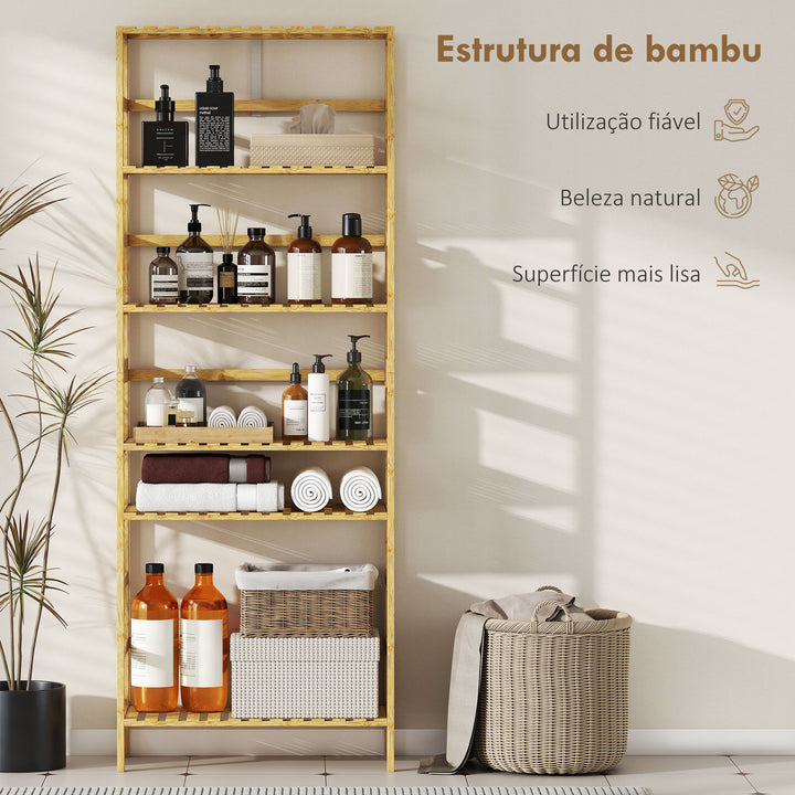 Estante de Bambu de 6 Níveis Estante de Armazenamento Prateleiras Ajustáveis Estante Estreita para Espaços Pequenos Casa de Banho Sala de Estar e Cozinha 60x26x161 cm Madeira