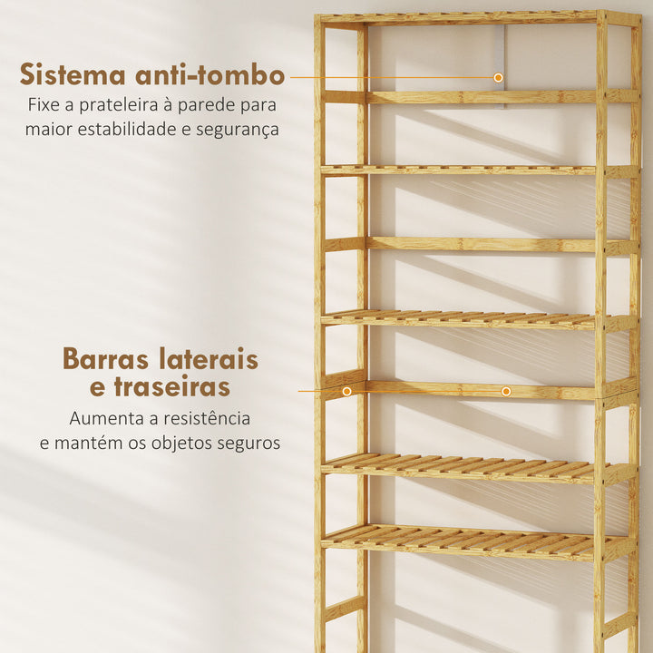 Estante de Bambu de 6 Níveis Estante de Armazenamento Prateleiras Ajustáveis Estante Estreita para Espaços Pequenos Casa de Banho Sala de Estar e Cozinha 60x26x161 cm Madeira