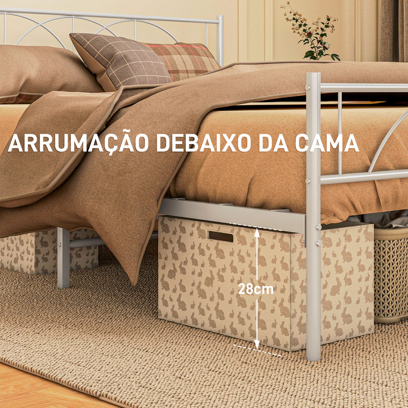 Cama de Casal 135x190 cm Estrutura de Ripas com Cabeceira de Ripas de Aço e Espaço de Arrumação por Baixo da Cama Carga 330 kg Branca