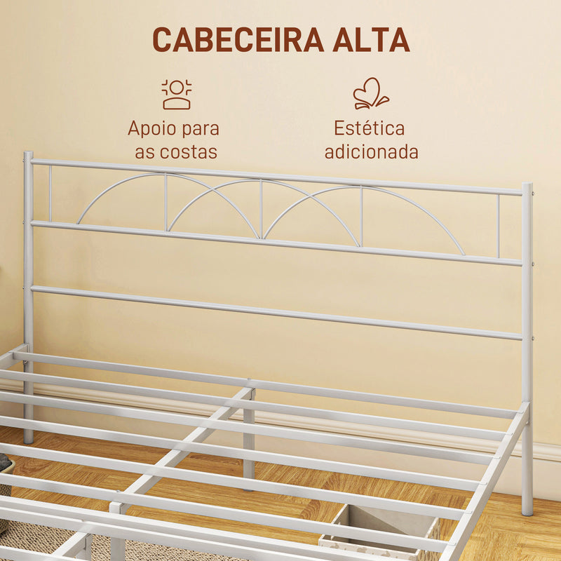 Cama de Casal 135x190 cm Estrutura de Ripas com Cabeceira de Ripas de Aço e Espaço de Arrumação por Baixo da Cama Carga 330 kg Branca