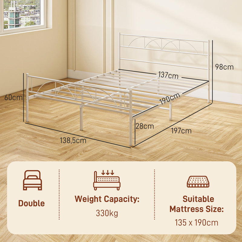 Cama de Casal 135x190 cm Estrutura de Ripas com Cabeceira de Ripas de Aço e Espaço de Arrumação por Baixo da Cama Carga 330 kg Branca