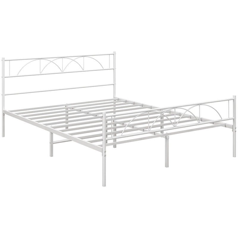 Cama de Casal 135x190 cm Estrutura de Ripas com Cabeceira de Ripas de Aço e Espaço de Arrumação por Baixo da Cama Carga 330 kg Branca