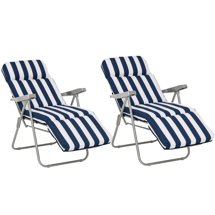 Conjunto de 2 espreguiçadeiras acolchoadas reclináveis e reclináveis com apoio para os pés para a praia ou para o acampamento - azul e branco - aço - 58x90x110cm