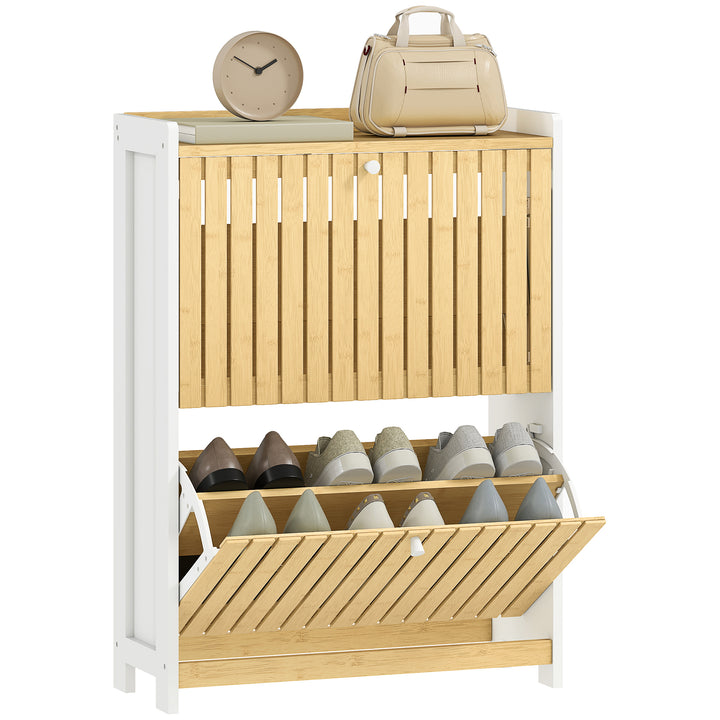 Sapateira Estreita com 2 Portas de Bambu em Ripas Móvel Sapateira com Prateleiras Ajustáveis para 12 Pares de Sapatos 60x24x82,5 cm Branco e Madeira