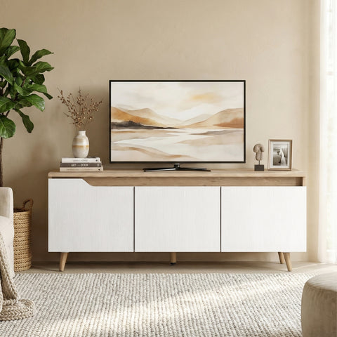 Móvel de TV Mesa de TV para Sala com 3 Portas para Televisões até 55 Polegadas Estilo Moderno 120x35x45,5 cm Carvalho e Branco