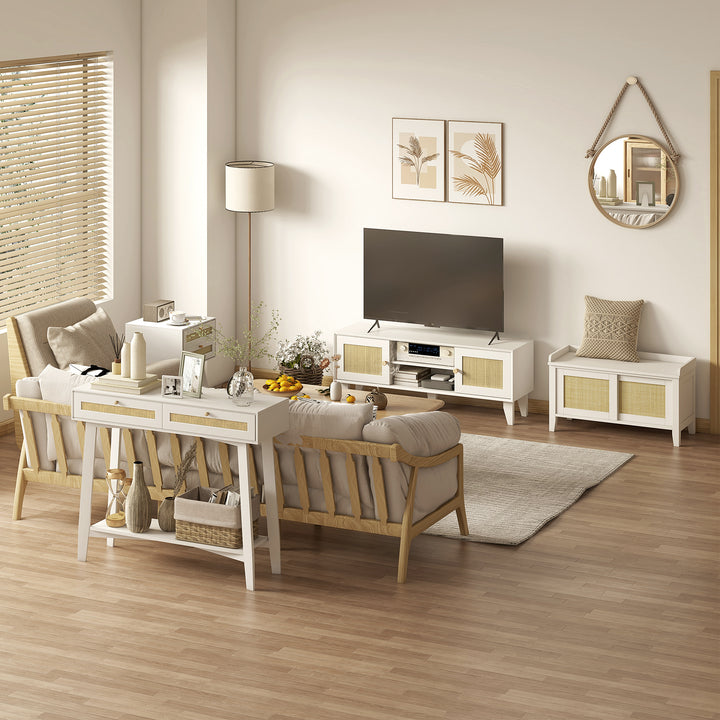 Mesa Consola para Entrada Mesa de Entrada com 2 Gavetas de Desenho de Vime e Prateleira Aberta para Sala Corredor 100x30x81 cm Branco