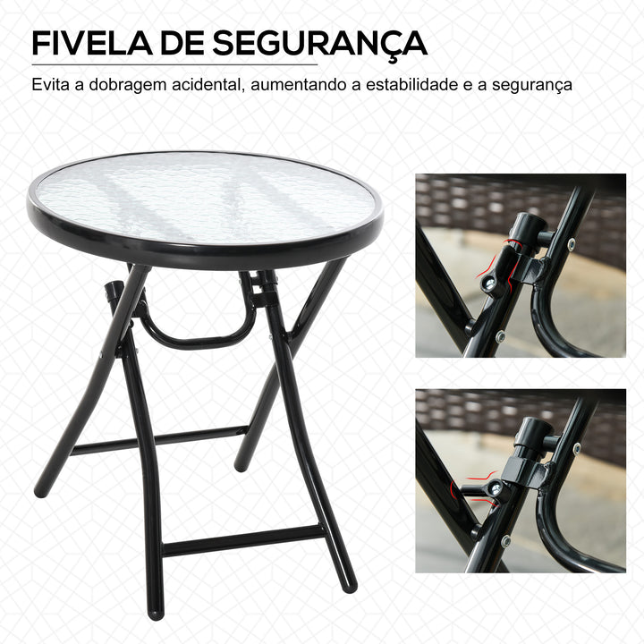 Mesa dobrável redonda de vidro Mesa de jardim com fivela de segurança borda coberta de metal interno e externo Ø45x50 cm Preto