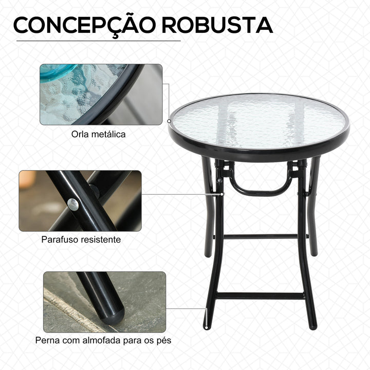 Mesa dobrável redonda de vidro Mesa de jardim com fivela de segurança borda coberta de metal interno e externo Ø45x50 cm Preto