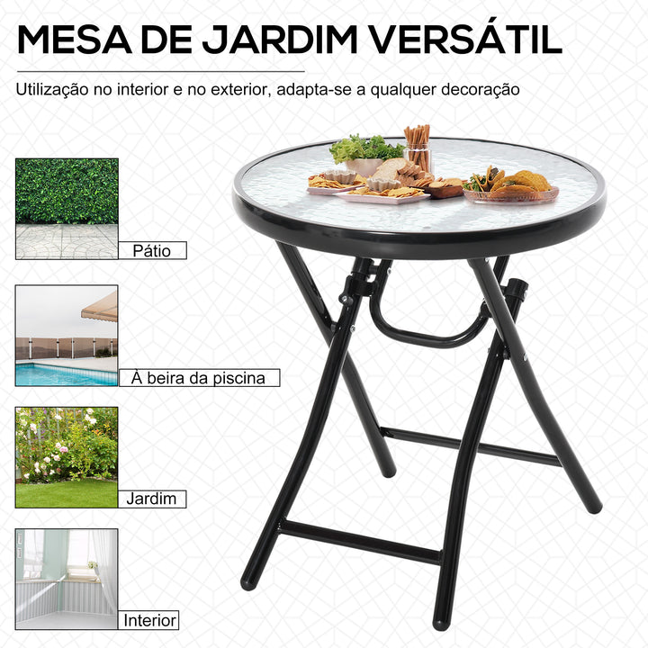 Mesa dobrável redonda de vidro Mesa de jardim com fivela de segurança borda coberta de metal interno e externo Ø45x50 cm Preto
