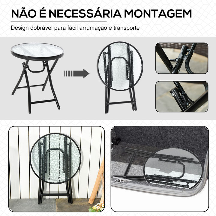 Mesa dobrável redonda de vidro Mesa de jardim com fivela de segurança borda coberta de metal interno e externo Ø45x50 cm Preto