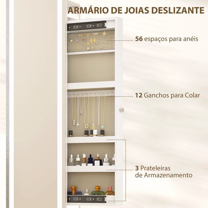 Espelho para Jóias com Luzes LED Armário para Jóias com Espelho de Corpo Inteiro Rotativo 360° Prateleiras Abertas Barras para Pendurar 38,5x38,5x172,5 cm Branco