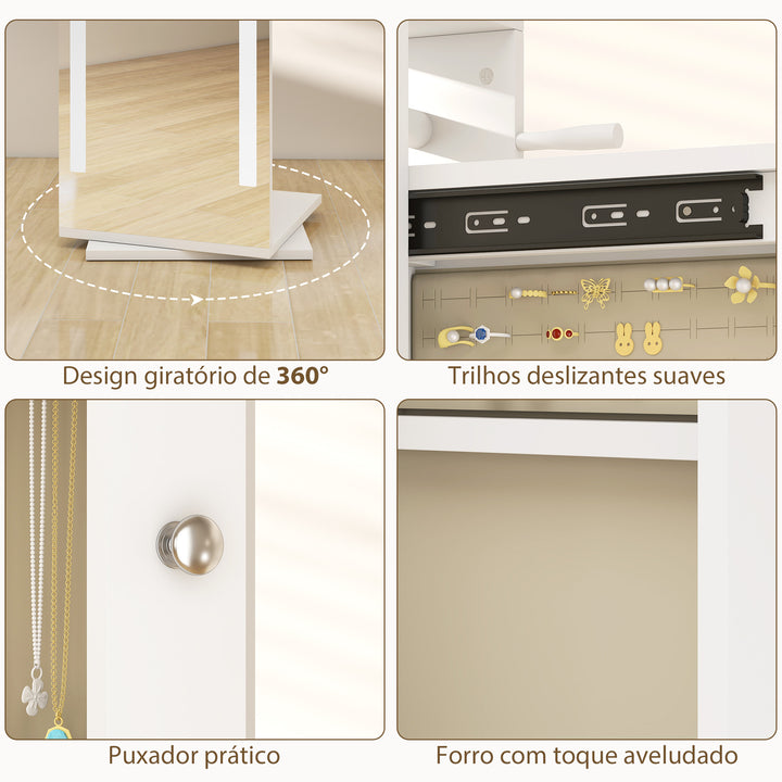 Espelho para Jóias com Luzes LED Armário para Jóias com Espelho de Corpo Inteiro Rotativo 360° Prateleiras Abertas Barras para Pendurar 38,5x38,5x172,5 cm Branco