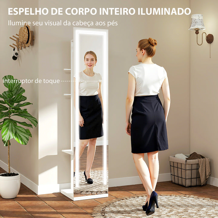 Espelho para Jóias com Luzes LED Armário para Jóias com Espelho de Corpo Inteiro Rotativo 360° Prateleiras Abertas Barras para Pendurar 38,5x38,5x172,5 cm Branco