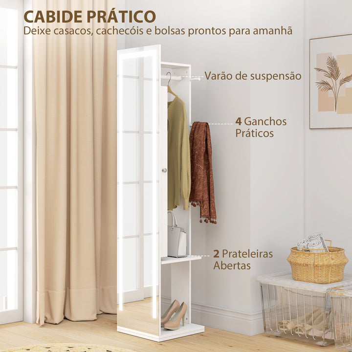 Espelho para Jóias com Luzes LED Armário para Jóias com Espelho de Corpo Inteiro Rotativo 360° Prateleiras Abertas Barras para Pendurar 38,5x38,5x172,5 cm Branco