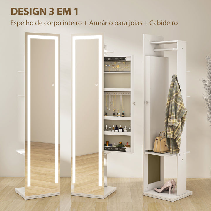 Espelho para Jóias com Luzes LED Armário para Jóias com Espelho de Corpo Inteiro Rotativo 360° Prateleiras Abertas Barras para Pendurar 38,5x38,5x172,5 cm Branco
