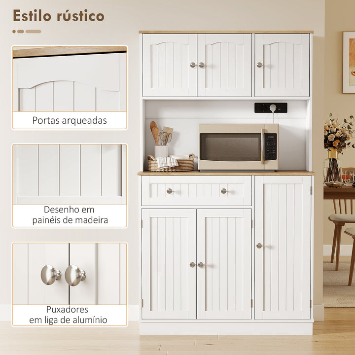 Armário de Cozinha Alto com Estação de Carregamento Móvel Auxiliar de Cozinha 6 Portas 1 Gaveta Prateleiras Ajustáveis 4 Prateleiras para Especiarias Bancada Ampla para Sala de Jantar 100x40x173 cm Branco