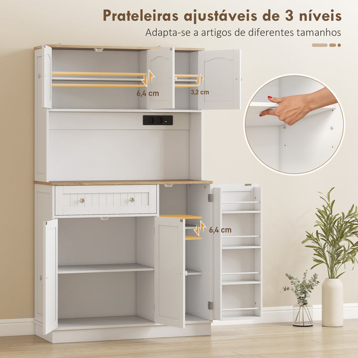 Armário de Cozinha Alto com Estação de Carregamento Móvel Auxiliar de Cozinha 6 Portas 1 Gaveta Prateleiras Ajustáveis 4 Prateleiras para Especiarias Bancada Ampla para Sala de Jantar 100x40x173 cm Branco