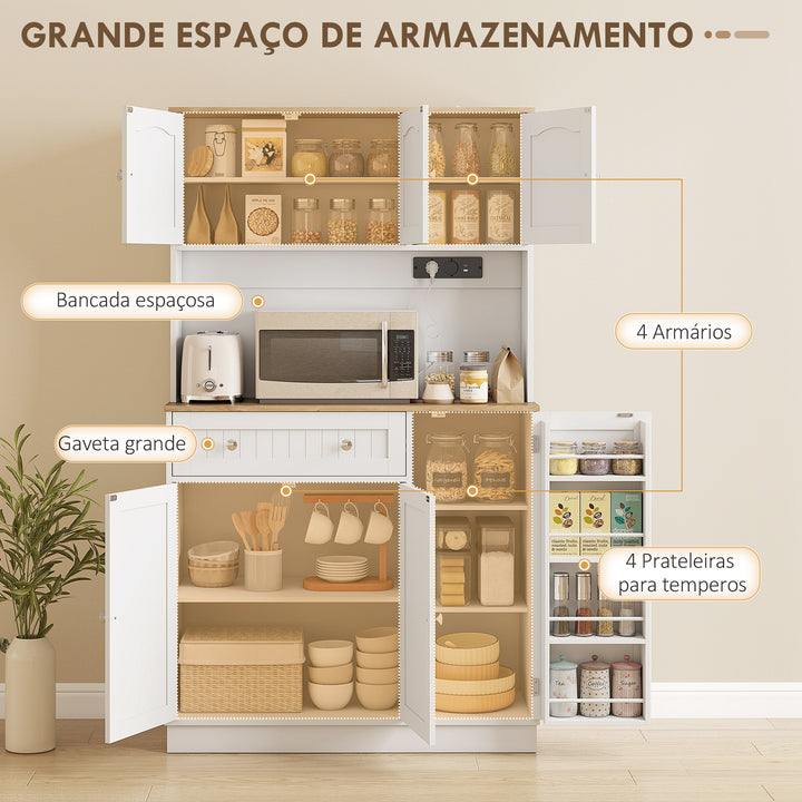 Armário de Cozinha Alto com Estação de Carregamento Móvel Auxiliar de Cozinha 6 Portas 1 Gaveta Prateleiras Ajustáveis 4 Prateleiras para Especiarias Bancada Ampla para Sala de Jantar 100x40x173 cm Branco