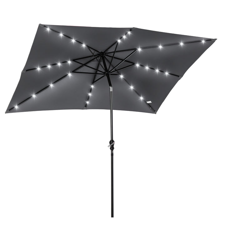 Chapéu de Sol com Luzes LED 268x205x248 cm Chapéu de Sol de Jardim Inclinável até 45° Anti-UV e Abertura a Manivela para Pátio Varanda Cinza Escuro